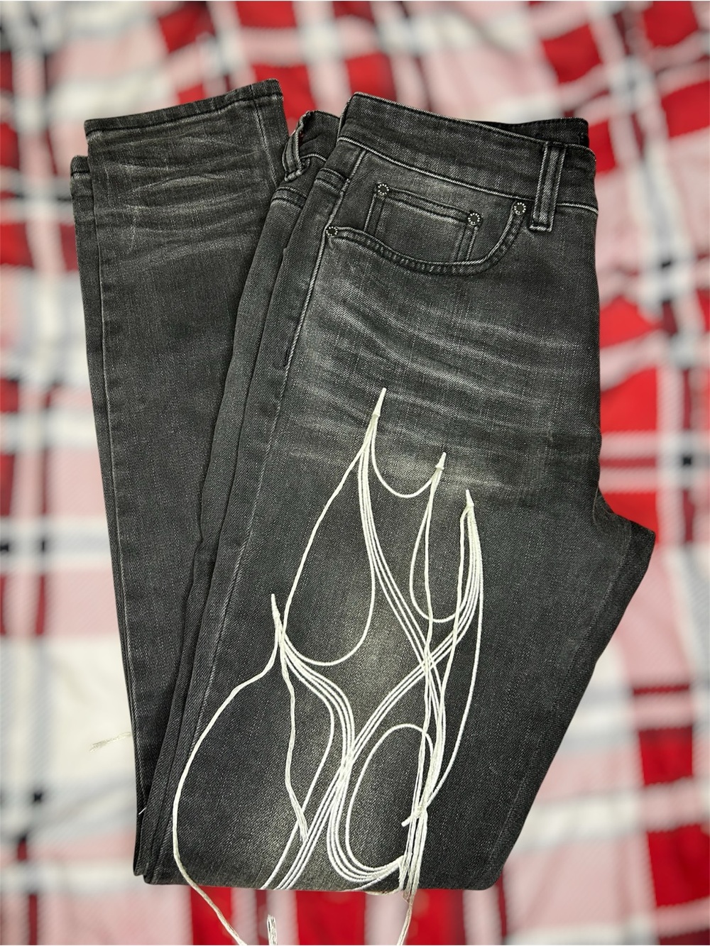 Men's Black Skinny Jeans with White Embroidered Detail